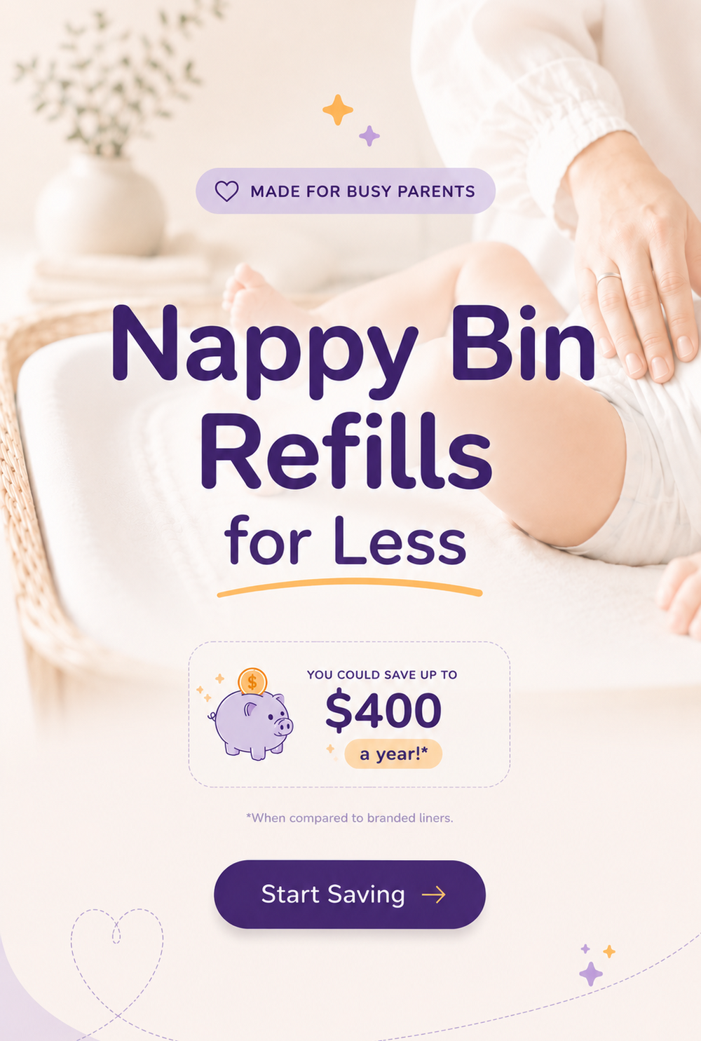 Advertisement for Nappy Bin Refills with a baby and text about savings.