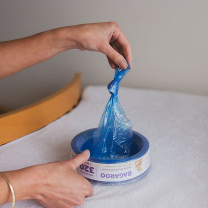 Bagaroo Angelcare compatible refill cassette pack on a nursery change table