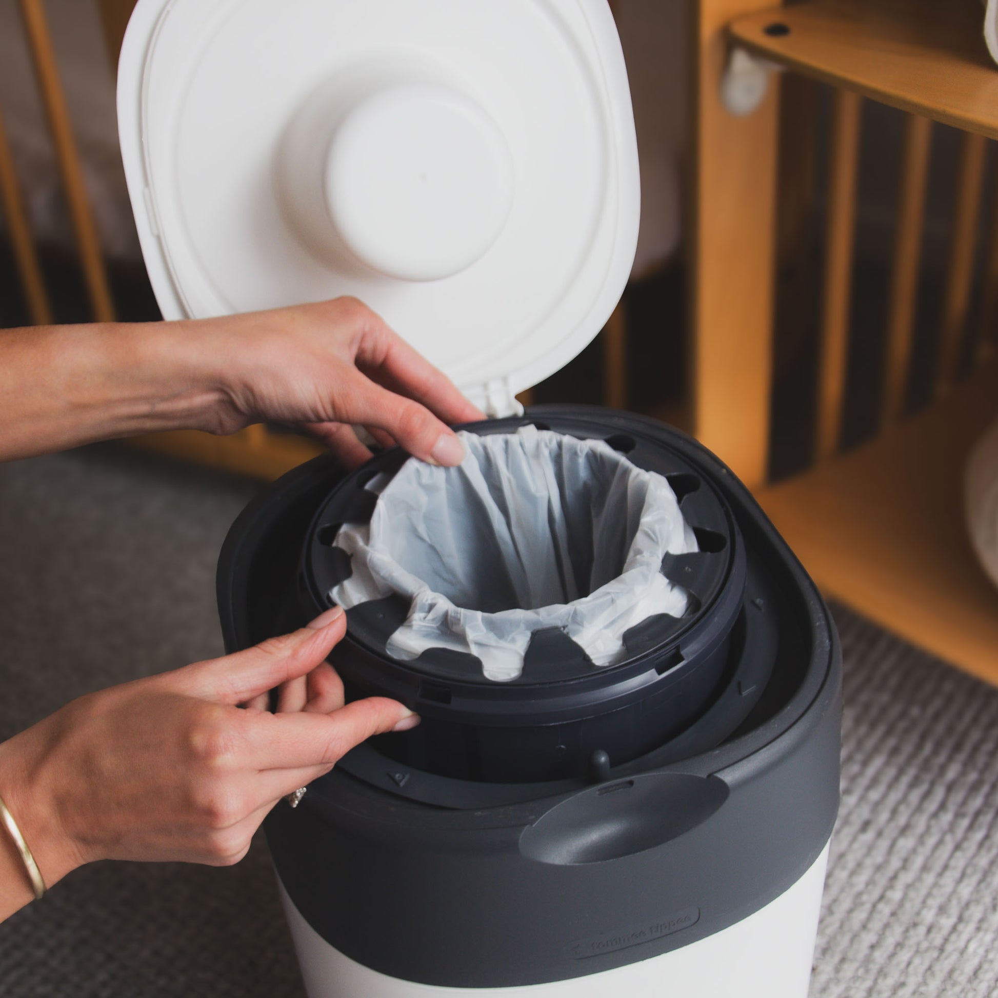 Bagaroo nappy bin refill roll loaded inside a Tommee Tippee bin cassette